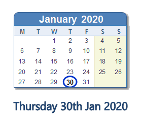 30 January 2020 calendar