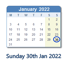 30 January 2022 calendar
