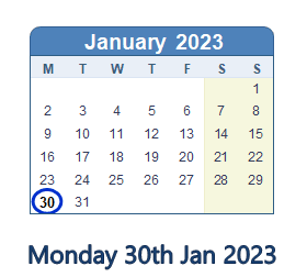 30 January 2023 calendar