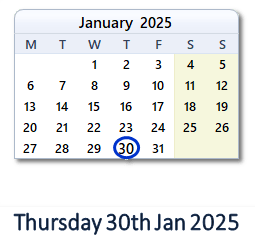 30 January 2025 calendar