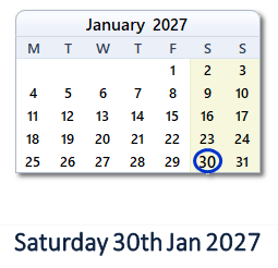 30 January 2027 calendar