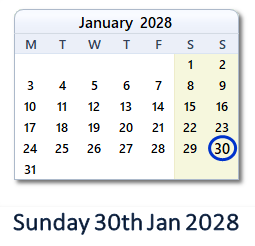 30 January 2028 calendar