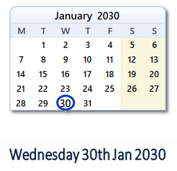 30 January 2030 calendar