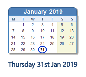 31 January 2019 calendar