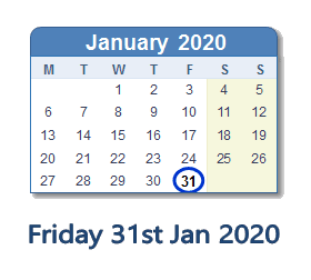 31 January 2020 calendar