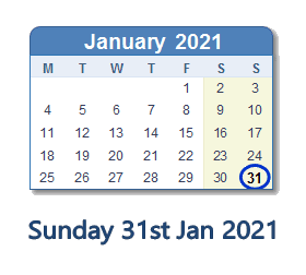 31 January 2021 calendar