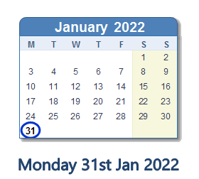 31 January 2022 calendar