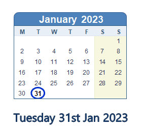 31 January 2023 calendar