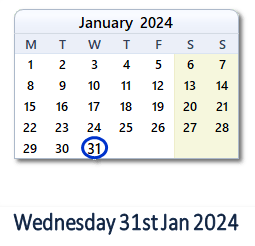 31 January 2024 calendar