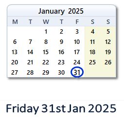 31 January 2025 calendar