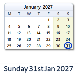 31 January 2027 calendar