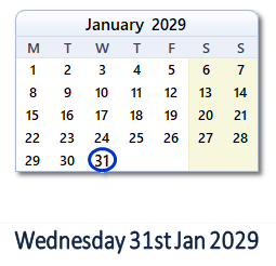 31 January 2029 calendar
