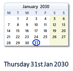 31 January 2030 calendar