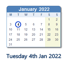 4 January 2022 calendar