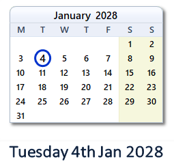 4 January 2028 calendar