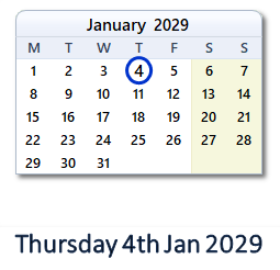 4 January 2029 calendar
