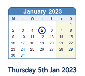 5 January 2023 calendar