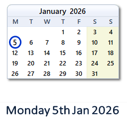 5 January 2026 calendar