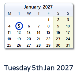 5 January 2027 calendar
