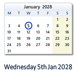 5 January 2028 calendar