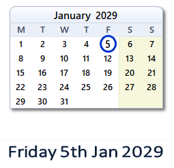 5 January 2029 calendar