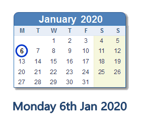 6 January 2020 calendar