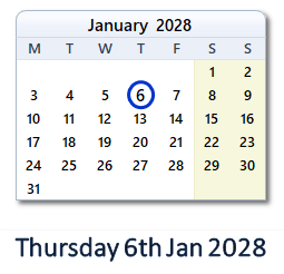 6 January 2028 calendar