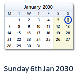6 January 2030 calendar