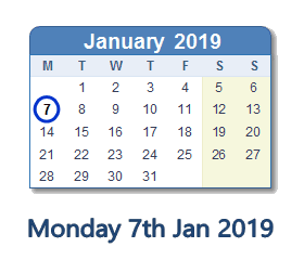 7 January 2019 calendar