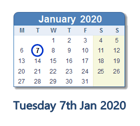 7 January 2020 calendar