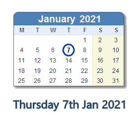 7 January 2021 calendar