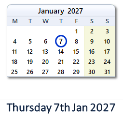 7 January 2027 calendar
