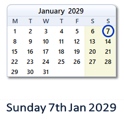 7 January 2029 calendar
