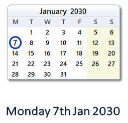 7 January 2030 calendar