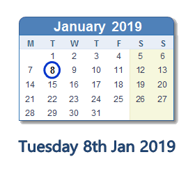 8 January 2019 calendar