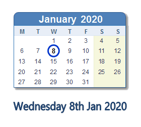 8 January 2020 calendar
