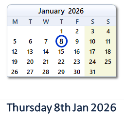 8 January 2026 calendar