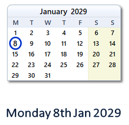 8 January 2029 calendar