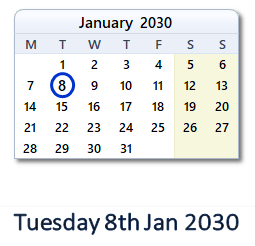 8 January 2030 calendar