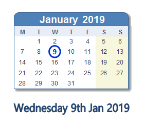 9 January 2019 calendar