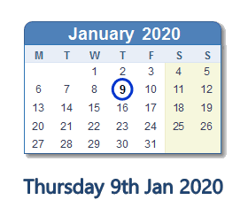 9 January 2020 calendar
