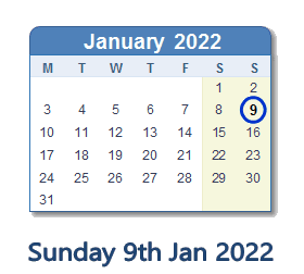 9 January 2022 calendar