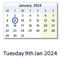 9 January 2024 calendar