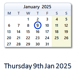 9 January 2025 calendar