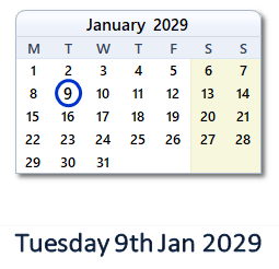 9 January 2029 calendar