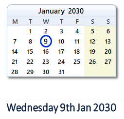9 January 2030 calendar