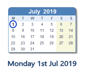 1 July 2019 calendar