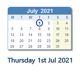 1 July 2021 calendar