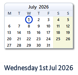 1 July 2026 calendar