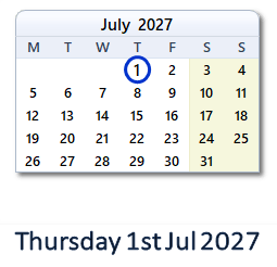 1 July 2027 calendar